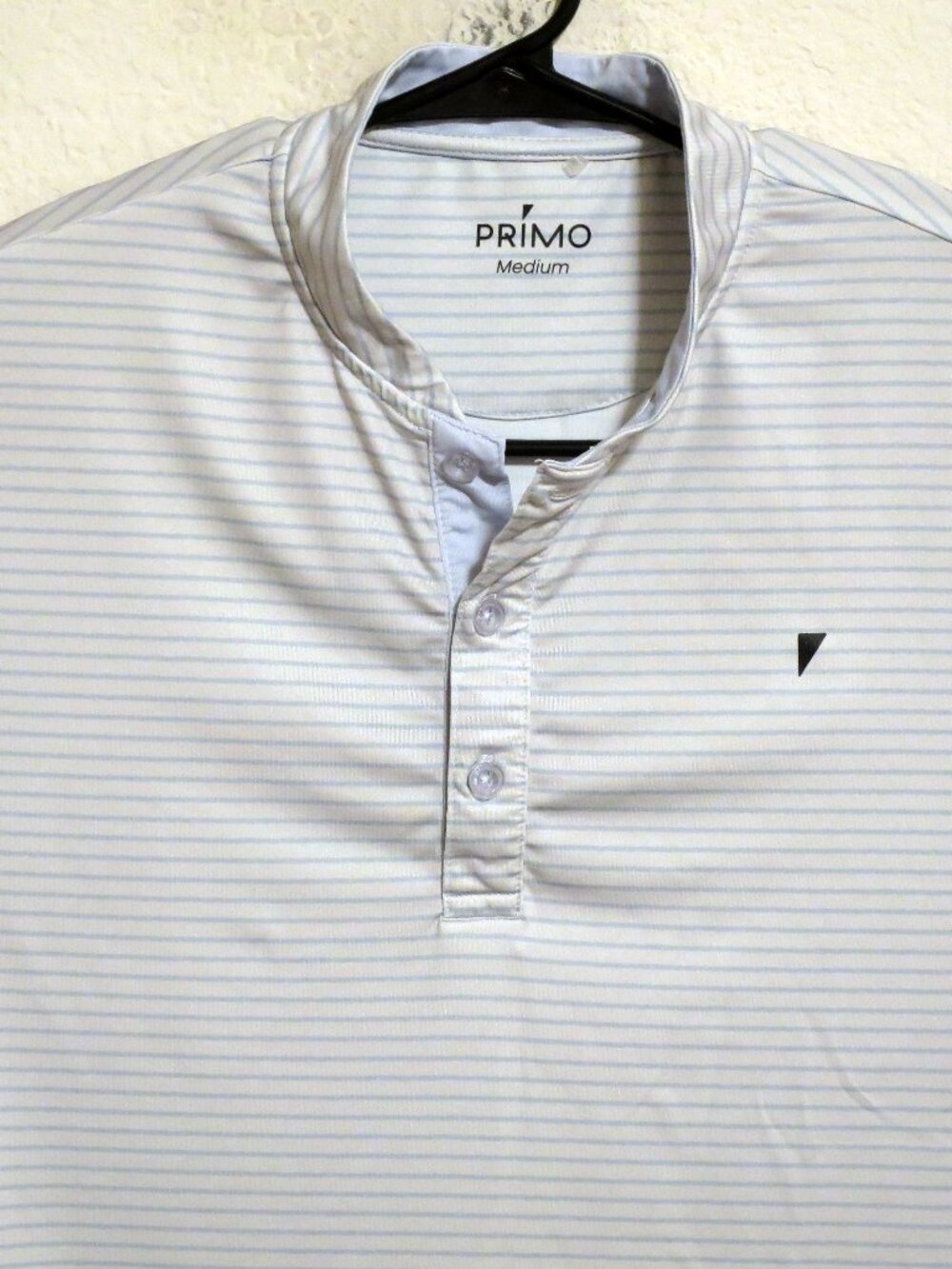 Primo Shirt Mens Medium Short Sleeve Performance Blade Polo White Blue Striped